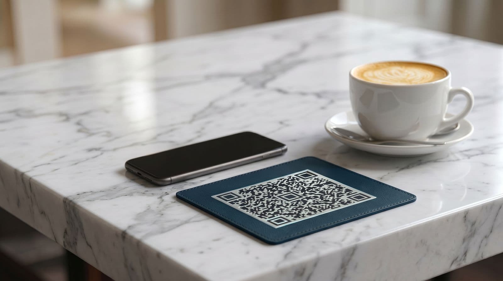 Hand holding a phone scanning a QR code to start an order