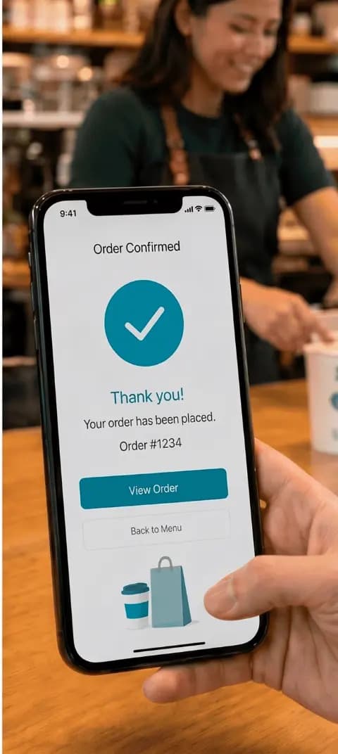 A confirmed QRwise order on a phone in front of a smiling barista behind the counter