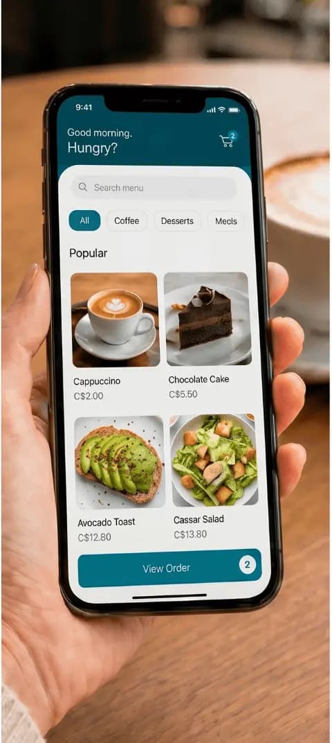 The QRwise guest menu open on a phone, showing cappuccino, cake, avocado toast and salad with prices in Canadian dollars