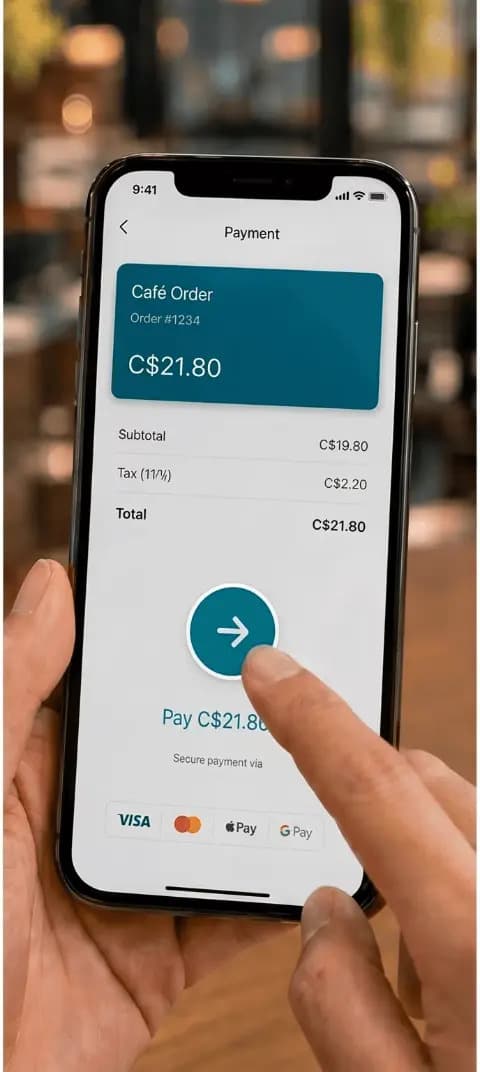 The QRwise payment screen on a phone showing a C$21.80 café order with subtotal, tax and card options